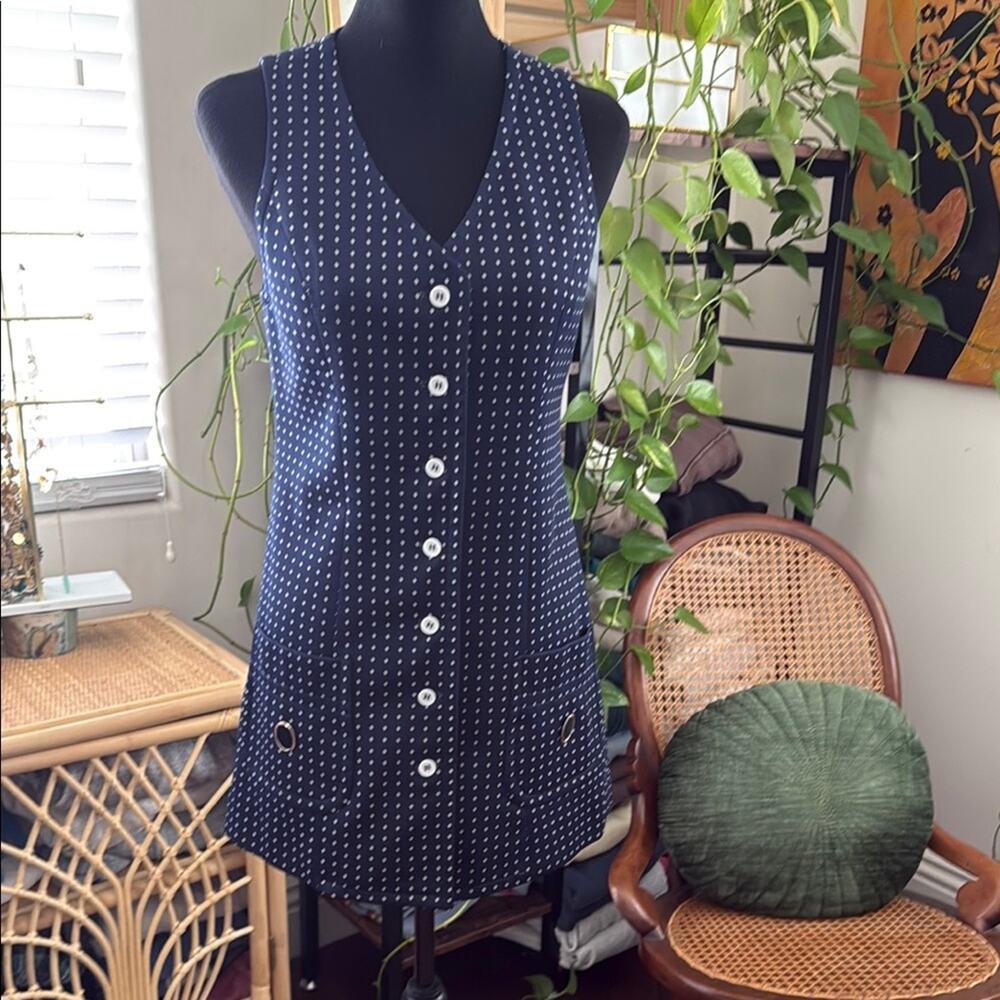 Vintage 60s/70s Evan Picone Navy & White Button Up Waist Coat Vest Mini Dress